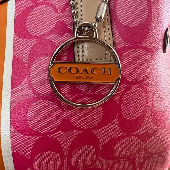 Coach Pink Signature Stripe Tote Bag Orange Trim Leather Handbag - Picture 2 of 14